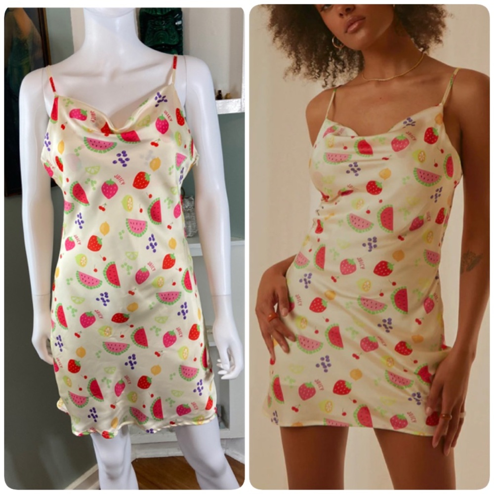 NWT New Peppermayo Panama Cowl Neck Mini Slip Dress Tutti Fruitti Fruit Satin 8